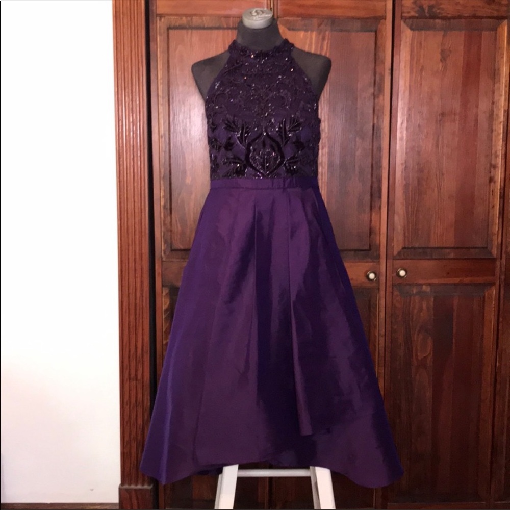 Adrianna Papell Deep Purple Beaded Halter A-Line Dress
